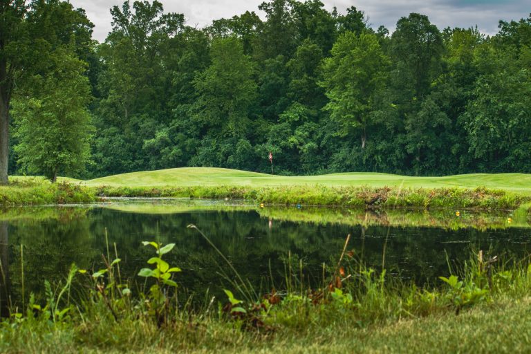 Lush golf course with reflective pond. Mulligan Tour venue for Quad Tour at Fox Creek in Livonia Michigan